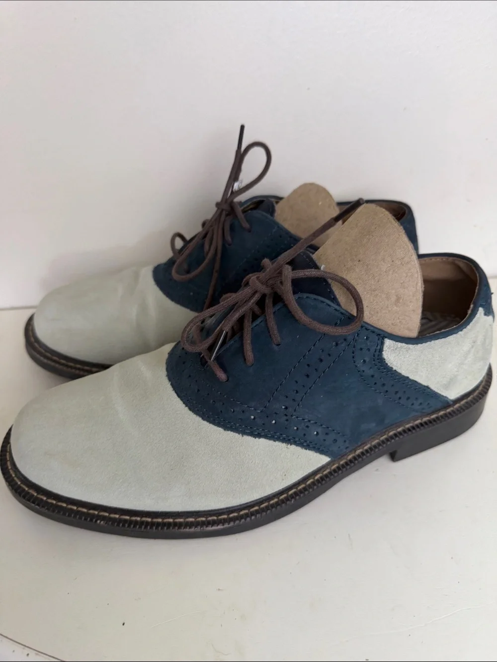 (2046) Men's Two-Tone Suede & Leather Oxford Shoes - Navy and Cream, Size: 8.5